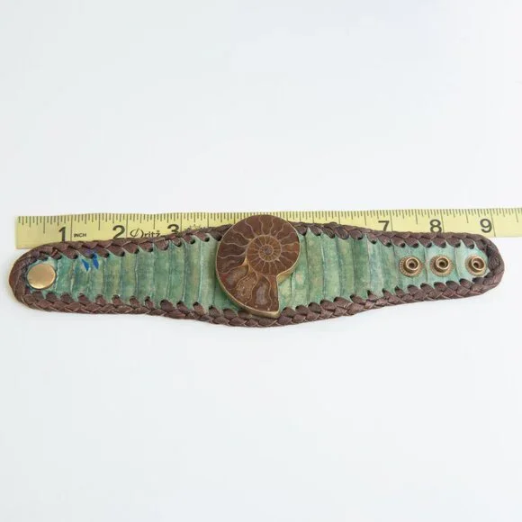 Starborn Ammonite Leather Cuff Bracelet Adjustable Statement Green Brown - Picture 11 of 11